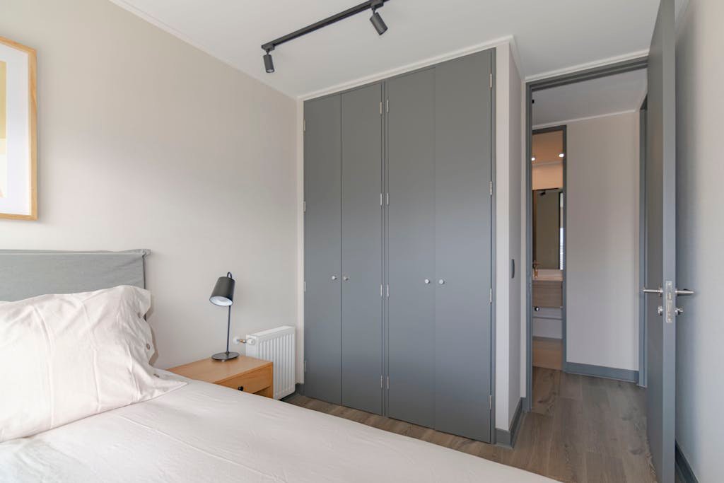 Contemporary bedroom featuring grey wardrobe and minimal decor, ideal for urban apartments.